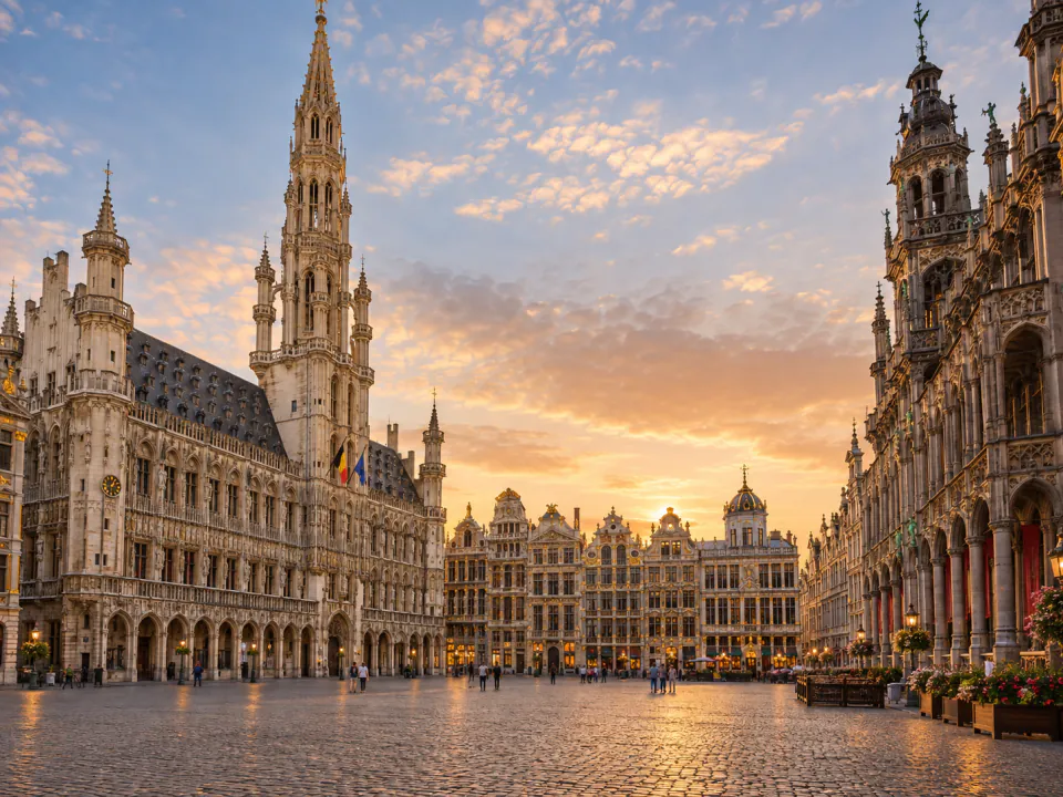 Brussels Grand Place with ornate guildhalls and Town Hall tower